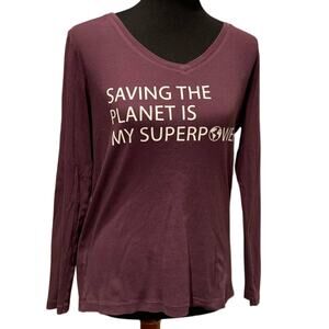 Hand Printed Upcycled Womens Large Saving the Planet Superpower Long Sleeve Tee